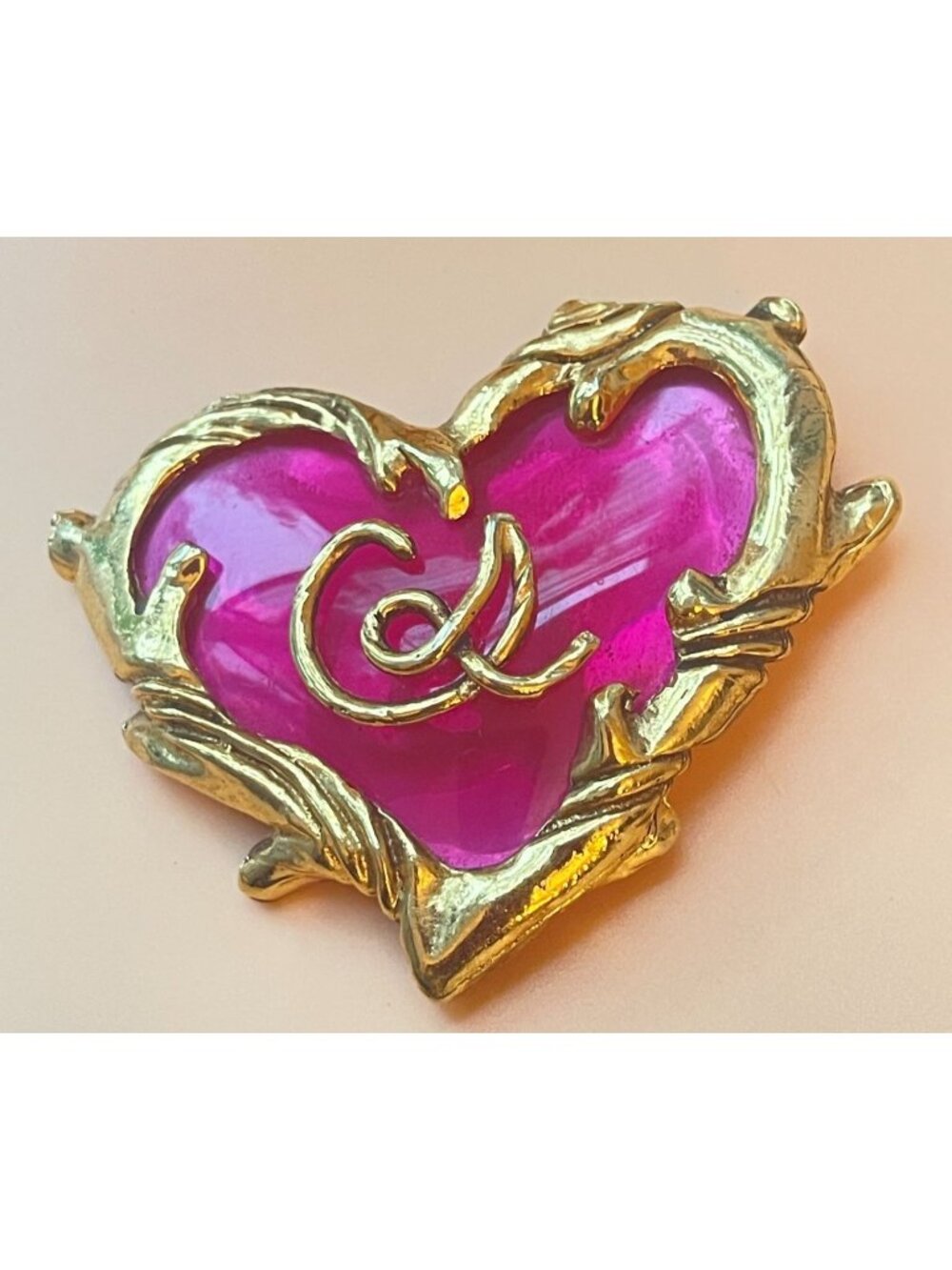 Christian Lacroix Vintage Heart Brooch Fuschia Pink Gold-Tone Scroll Design Circ
